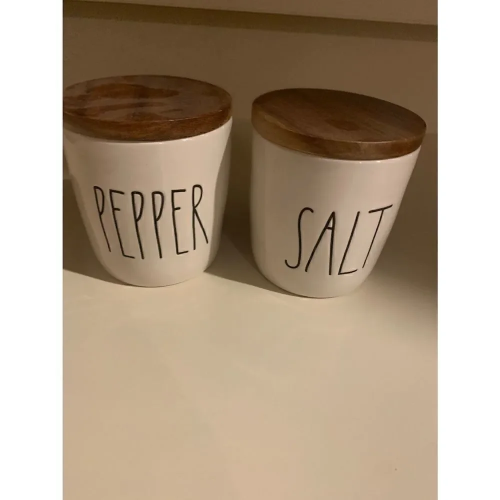 Rae Dunn Ceramic Salt and Pepper Cellars with wood lids